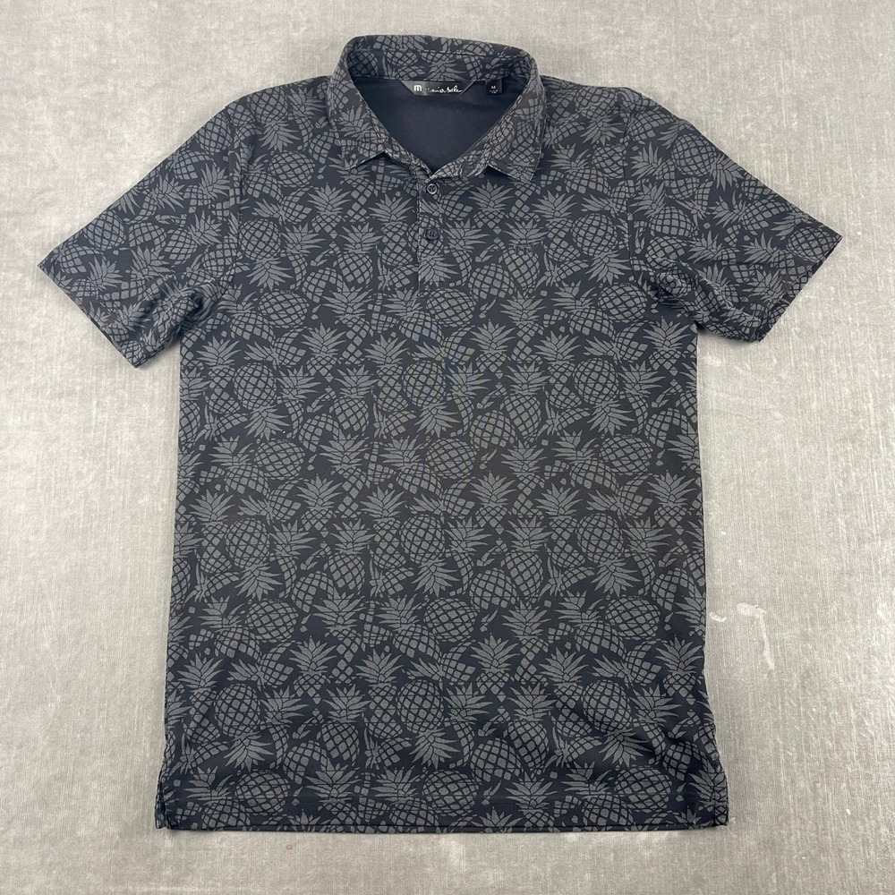 TravisMathew Mens M Black Polo Shirt Pineapple Print Short Sleeve Golf Top